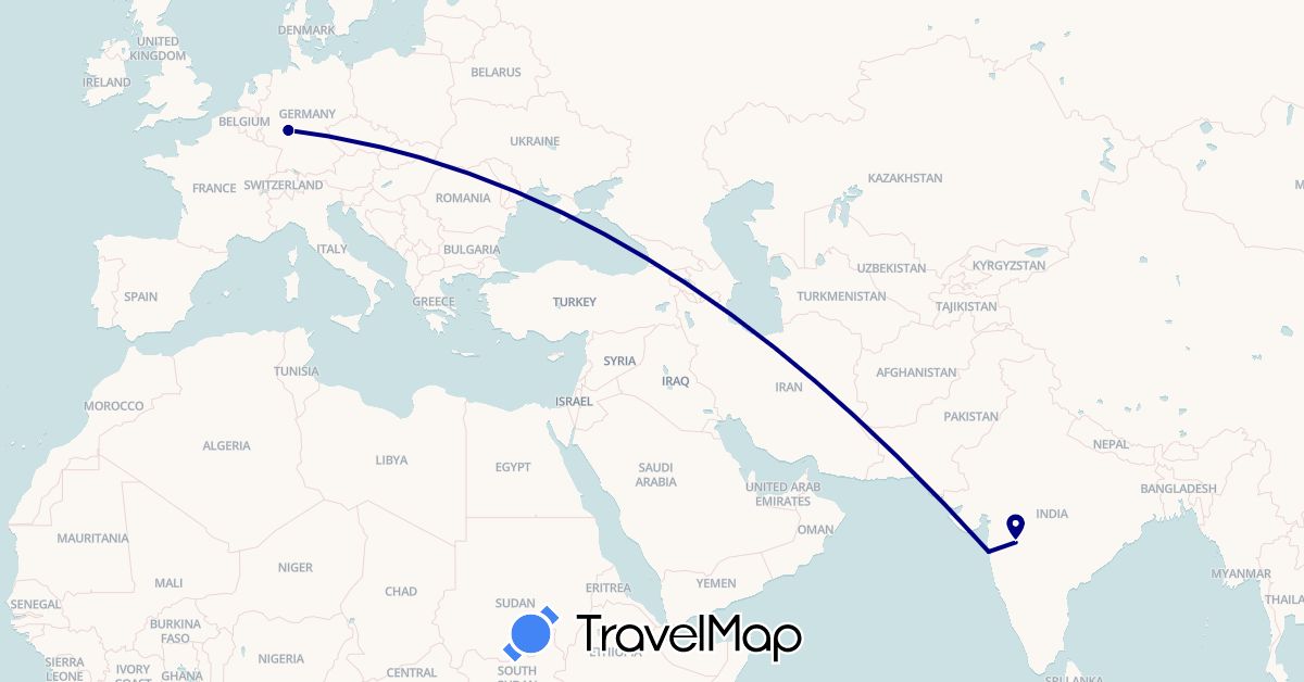 TravelMap itinerary: driving in Germany, India (Asia, Europe)